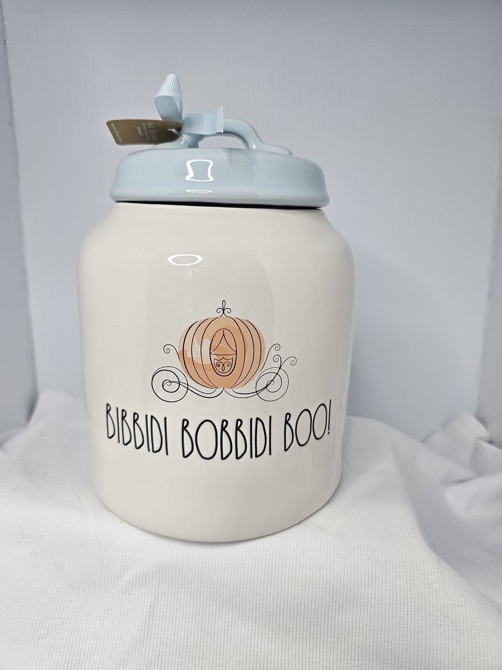 Rae Dunn Cindetella Ceramic Cookie Jar- Bibbidi Bobbidi Boo with Light Blue Lid